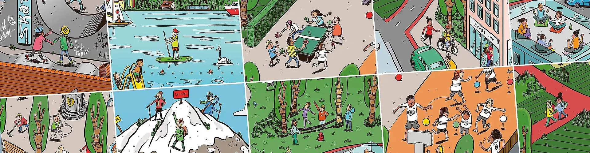 Collage von Illustrationen in den sich Menschen bewegen Collage von Illustrationen in den sich Menschen bewegen