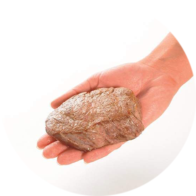 Die Fleisch- und Fischportionen sind etwa so groß wie der Handteller Ein Stück Fleisch in einer Hand