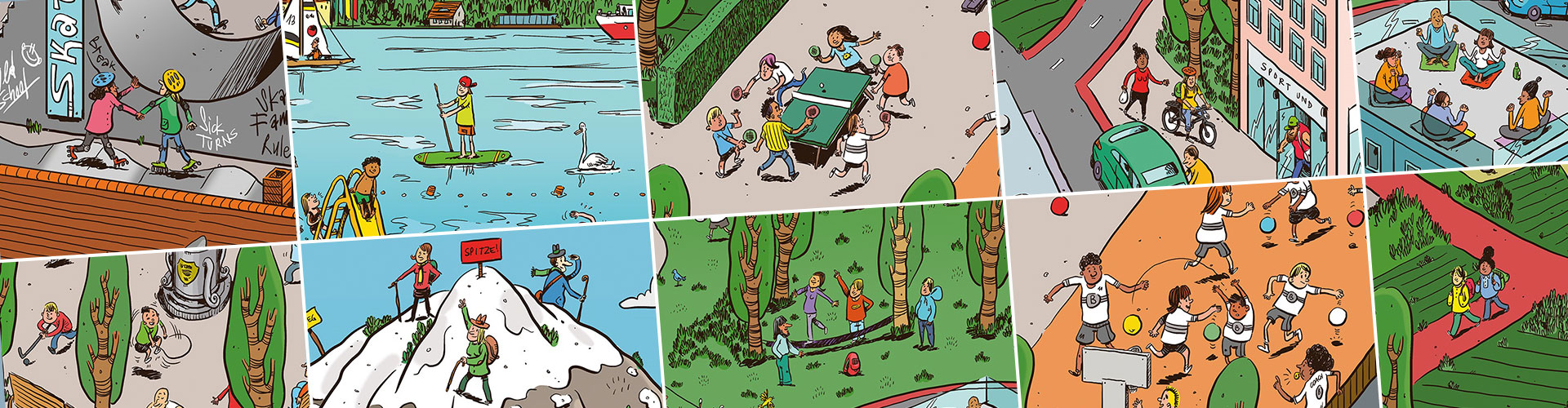 Collage von Illustrationen in den sich Menschen bewegen Collage von Illustrationen in den sich Menschen bewegen