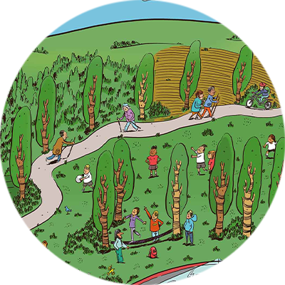 Detailansicht Kinder und Erwachsene im Park auf dem Wimmelbild Detailansicht Kinder und Erwachsene im Park auf dem Wimmelbild