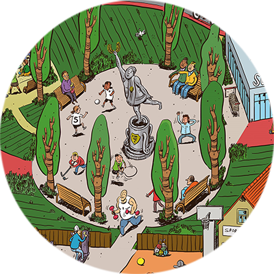 Detailansicht Kinder und Erwachsene auf Straße auf dem Wimmelbild Detailansicht Kinder und Erwachsene auf Straße auf dem Wimmelbild