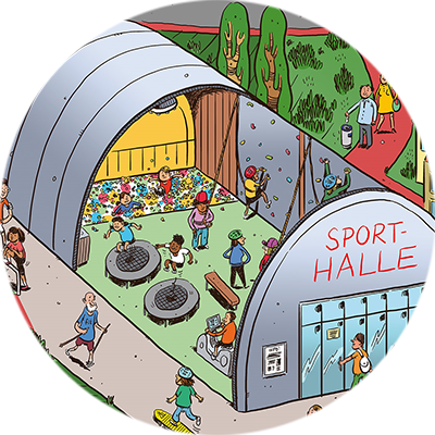 Detailansicht Sporthalle auf Wimmelbild Detailansicht Sporthalle auf Wimmelbild