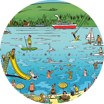 Detailansicht Kinder und Erwachsene am See auf dem Wimmelbild Detailansicht Kinder und Erwachsene am See auf dem Wimmelbild