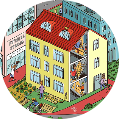 Detailbild von einem Wohnhaus im Wimmelbild Detailbild von einem Wohnhaus im Wimmelbild