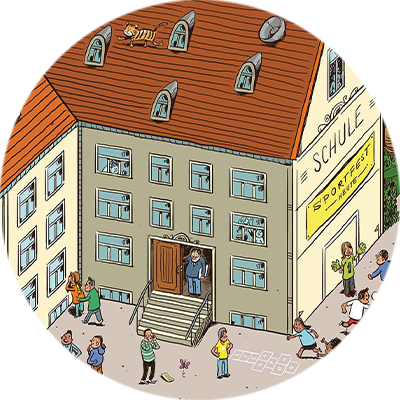 Detailansicht Schulgebäude auf dem Wimmelbild Detailansicht Schulgebäude auf dem Wimmelbild